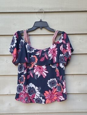 Tropical Open Shoulder Blouse Blue Floral Size Small